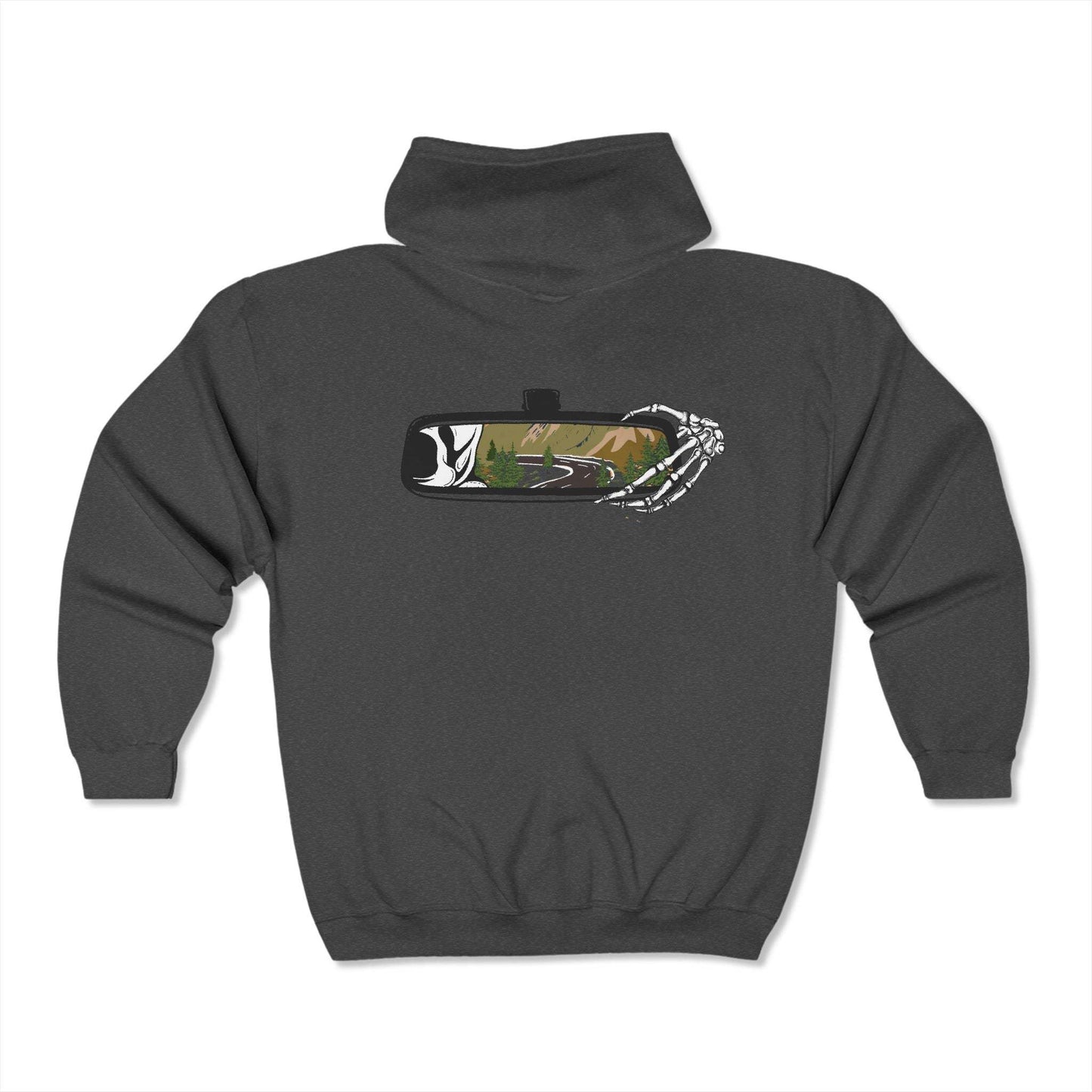 Death and Dreams embroidered zip up hoodie mockup in charcoal - Noah Kahan The View Between Villages inspired design