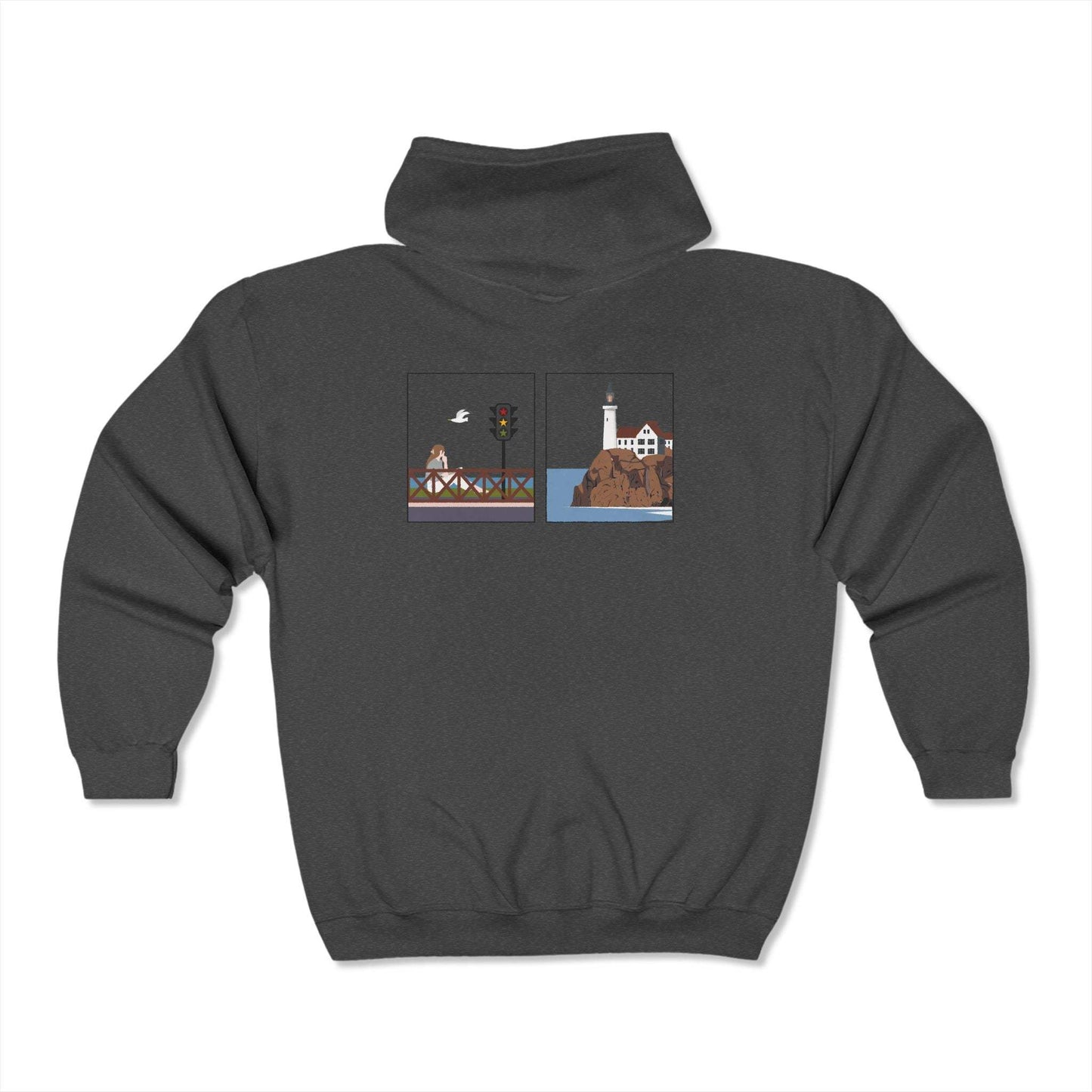 Back view of grey zip-up hoodie mockup, dual embroidered panels — bridge scene with star traffic light and seagull alongside coastal lighthouse on cliffs — Noah Kahan Maine inspired, Cape Elizabeth embroidered zip-up hoodie