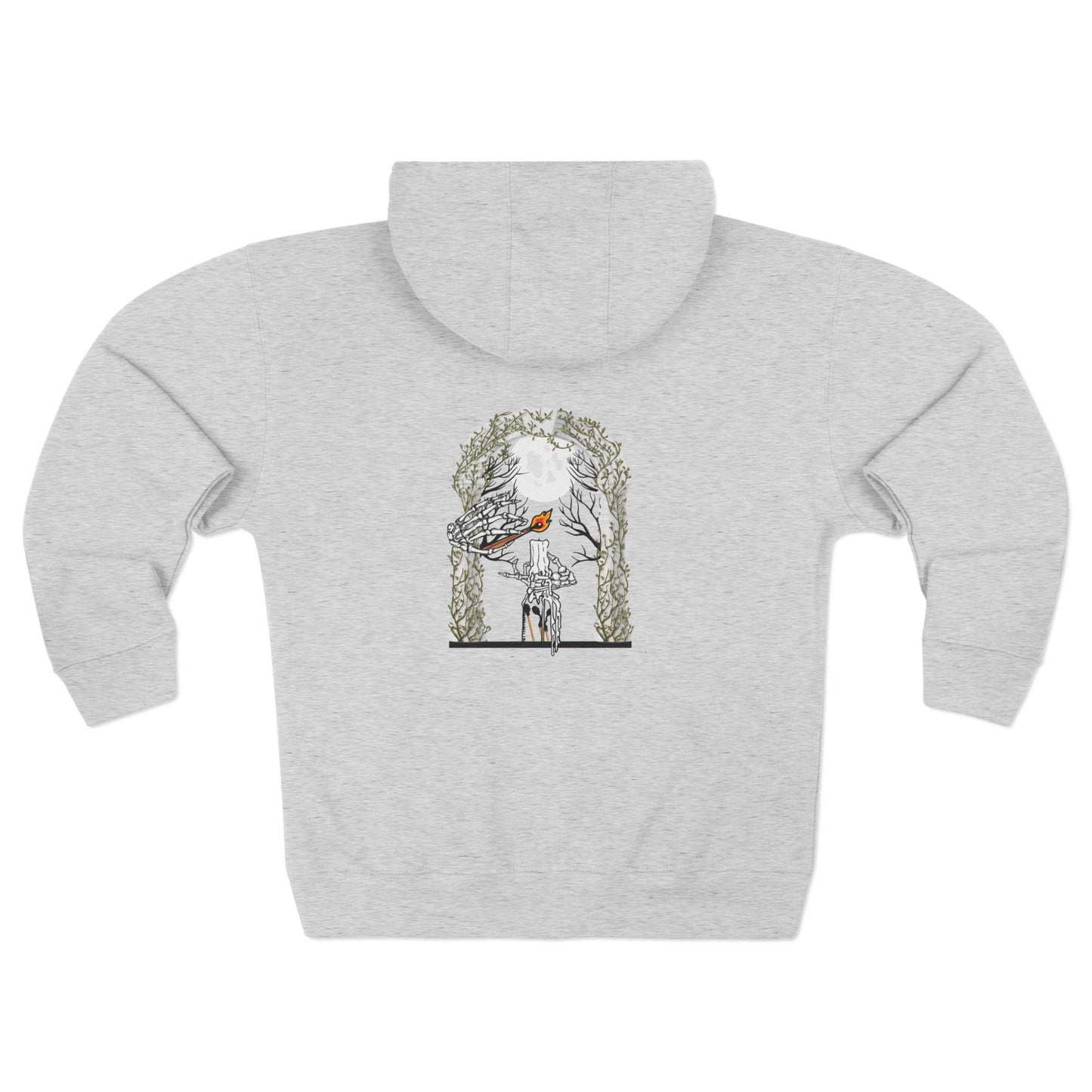 Back view of light grey zip-up hoodie mockup, large arch-shaped embroidery of skeleton hand striking a lit match, candle figure, full moon and vine-wrapped arch. Call Your Mom Noah Kahan inspired, Stick Season embroidered zip-up hoodie
