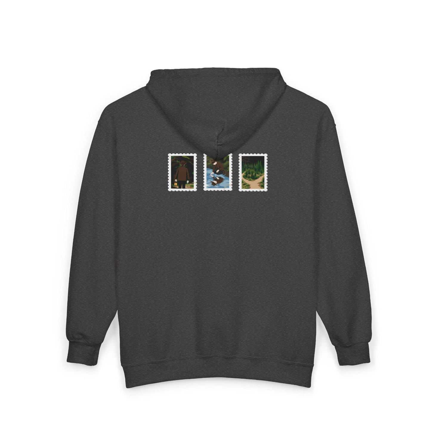 Back view of charcoal fleece-lined zip-up hoodie mockup, three embroidered postage stamp panels - woodland journey scenes inspired by Meet Me in the Woods, Lord Huron Strange Trails embroidered hoodie