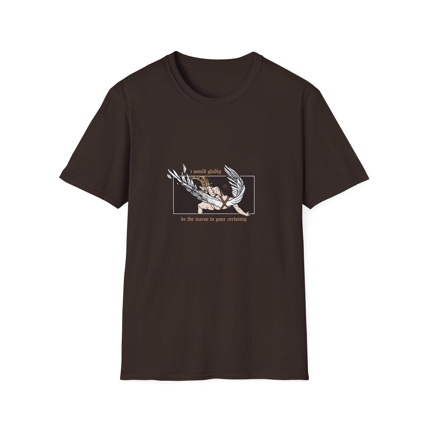 Sunlight embroidered t shirt mockup in brown - Hozier Icarus apparel