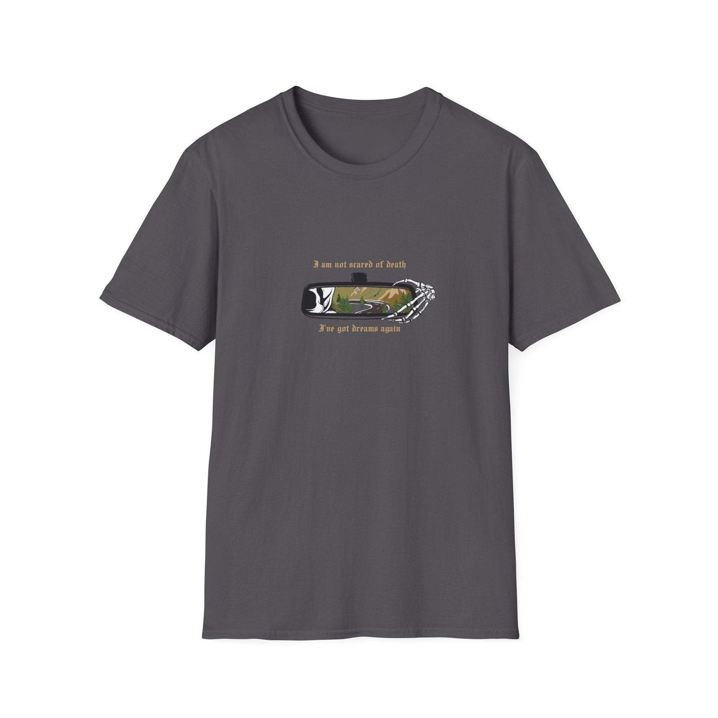 Death and Dreams embroidered t shirt mockup in charcoal - Noah Kahan The View Between Villages inspired design