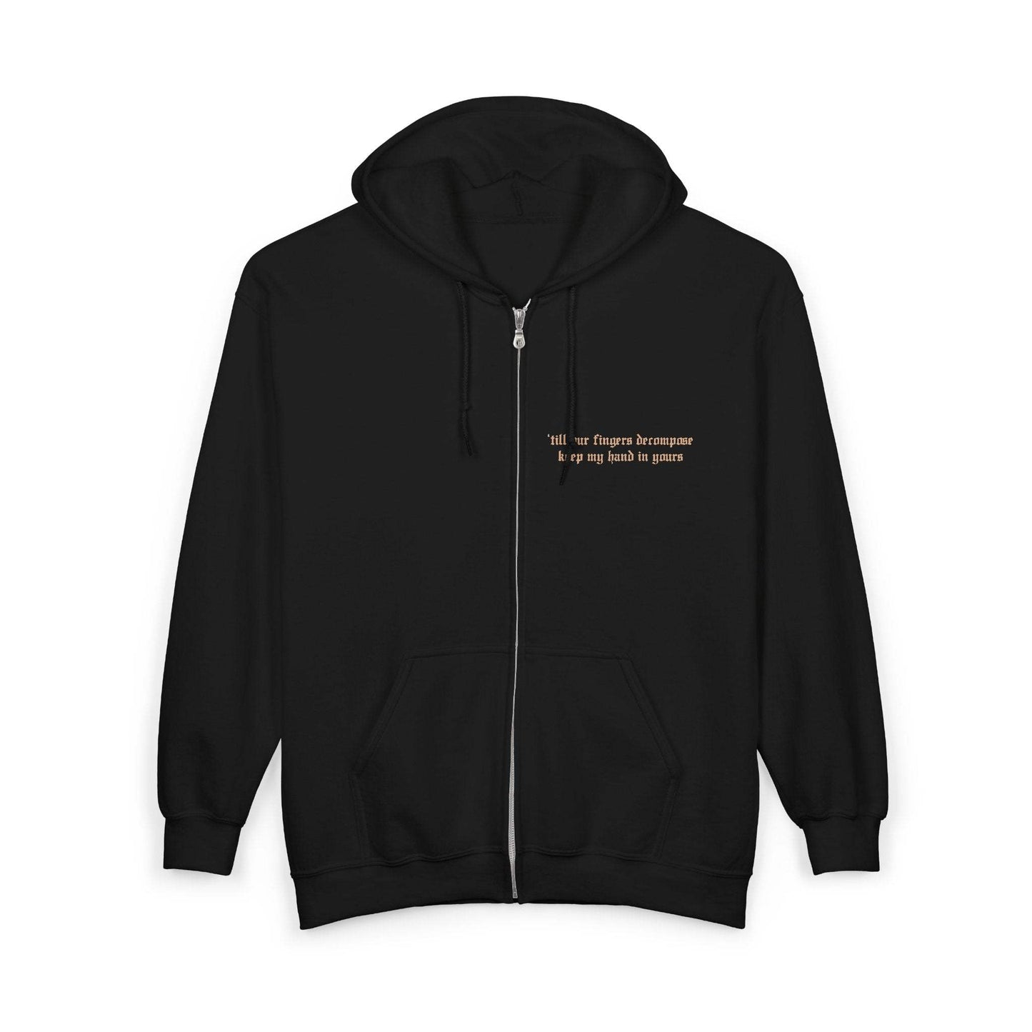Black mockup of the Stick Season inspired Everywhere, Everything black zip up hoodie, with drawstring hood, silver zipper, pouch pockets, and small lyric embroidery on the left chest.