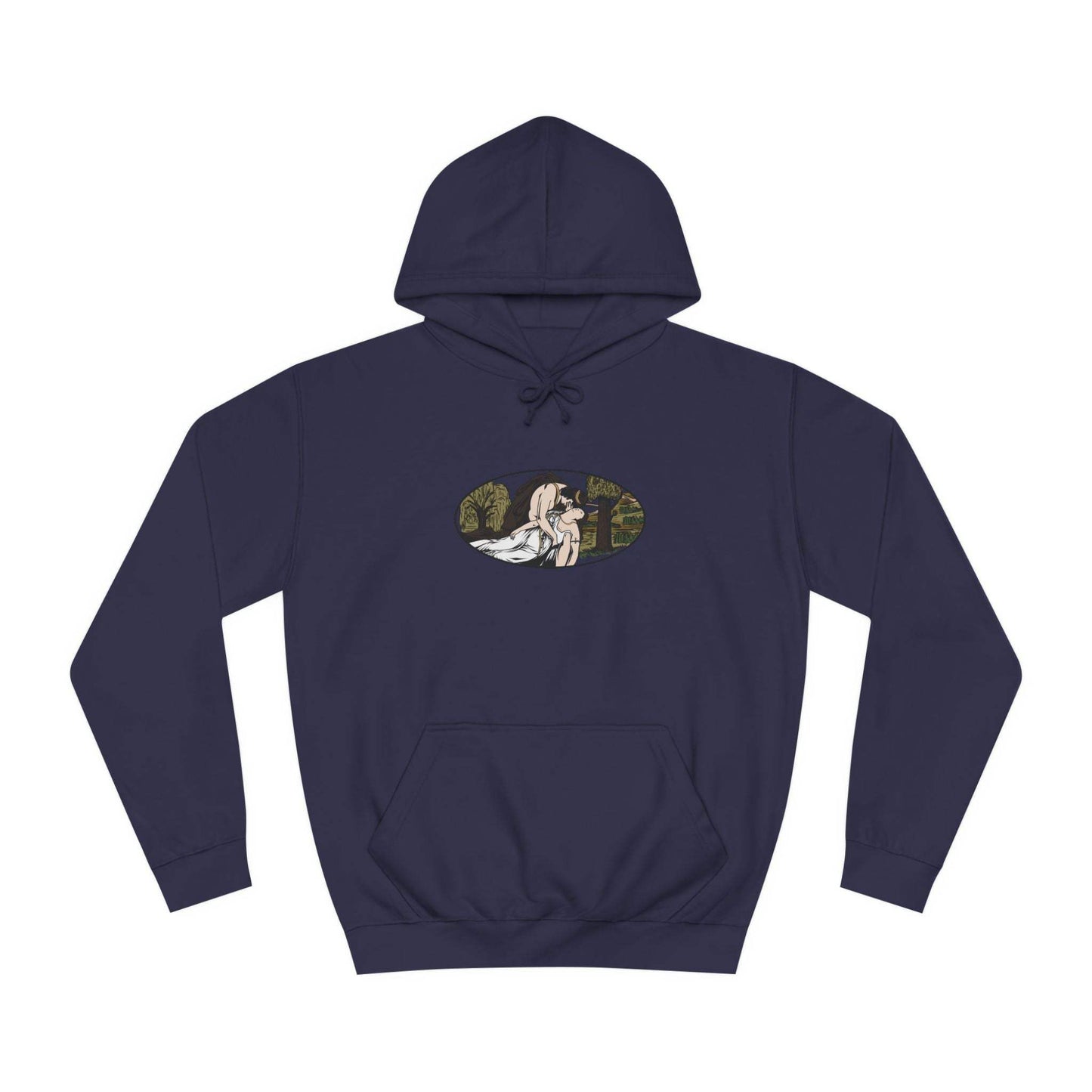 Mockup of a navy hoodie featuring an original illustration of Orpheus and Eurydice - Hadestown sweatshirt - greek mythology gifts - the myth of orpheus