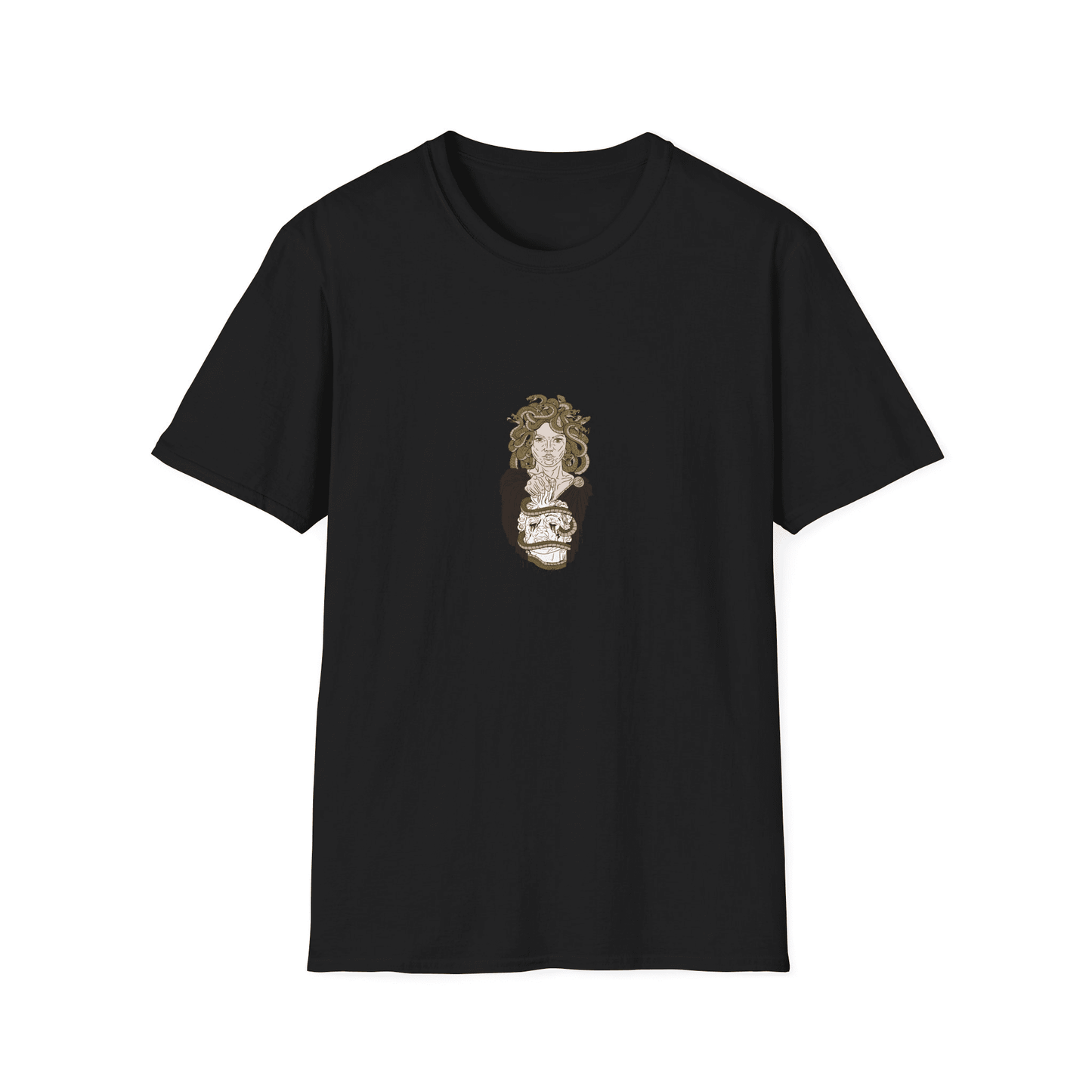 Black unisex crew neck tee mockup, short sleeves, small center-chest Medusa embroidery - Greek mythology inspired minimalist embroidery tee, everyday wear
