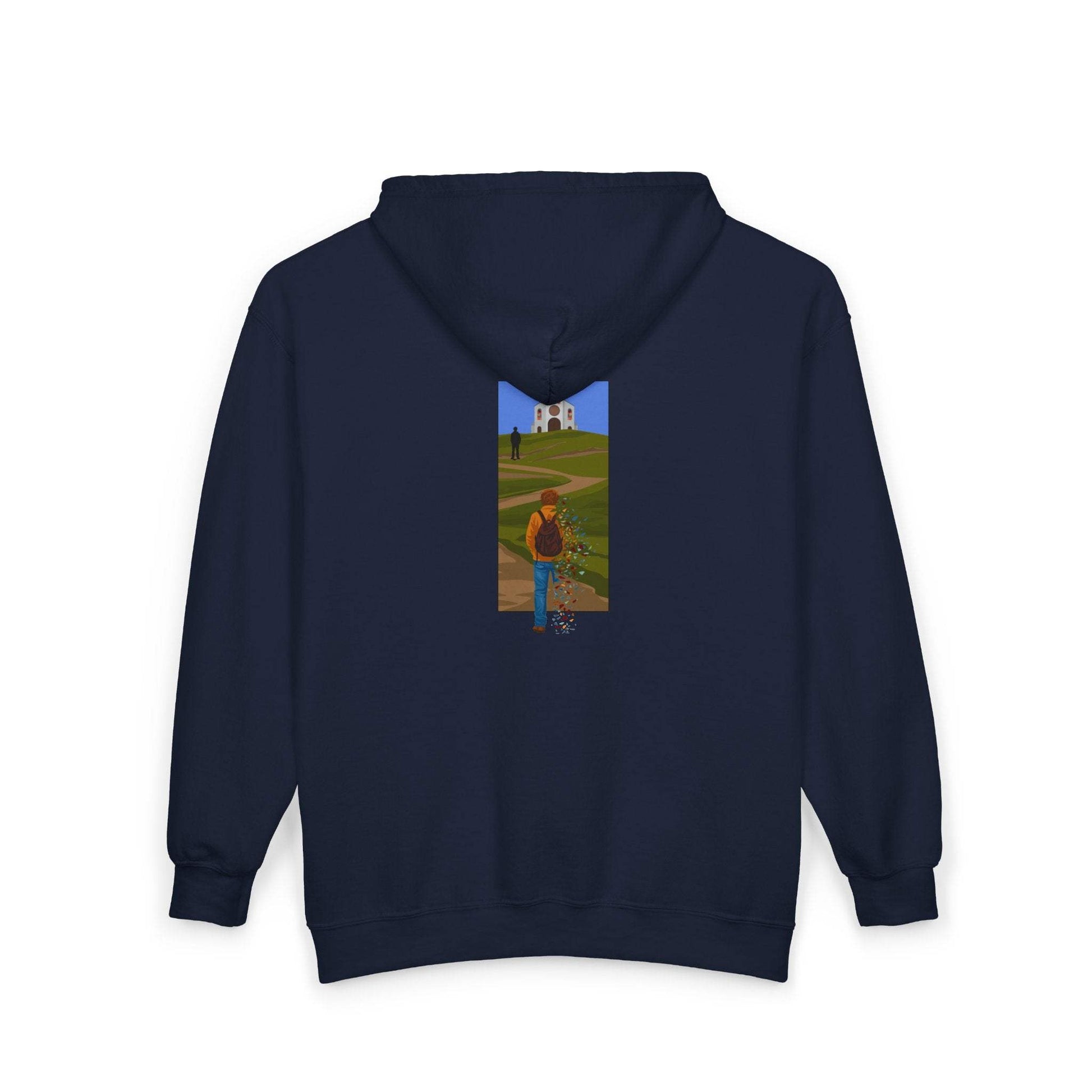 The Great Divide embroidered zip up hoodie mockup front view in navy - Noah Kahan 2026 tour outfit 