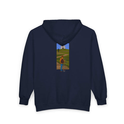 The Great Divide embroidered zip up hoodie mockup front view in navy - Noah Kahan 2026 tour outfit 