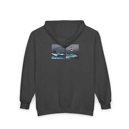 Back view of charcoal zip-up hoodie mockup, two embroidered panels -figure with lantern on stormy coastal rocks alongside a red and white lighthouse. Inspired by Lord Huron's Ghost on the Shore inspired, Lonesome Dreams embroidered zip-up hoodie

