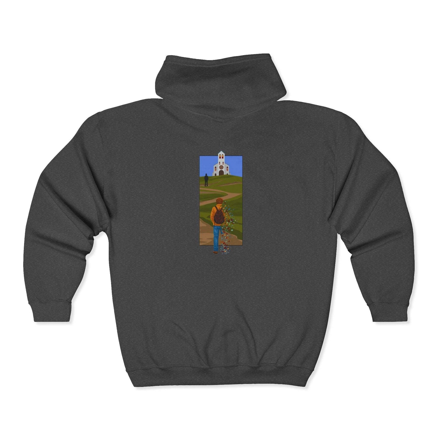 Back view of grey zip-up hoodie mockup, large vertical embroidery of figure walking toward a church with stained glass fragments scattering -The Great Divide Noah Kahan inspired, embroidered zip-up hoodie, warm layer for an outdoors concert outfit 