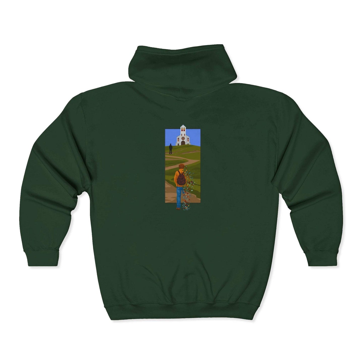 The Great Divide embroidered zip up hoodie mockup back view in forest green - Noah Kahan 2026 tour outfit 