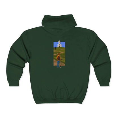 The Great Divide embroidered zip up hoodie mockup back view in forest green - Noah Kahan 2026 tour outfit 