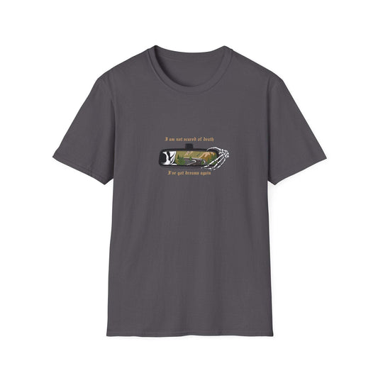Death and Dreams embroidered t shirt mockup in charcoal - Noah Kahan The View Between Villages inspired design