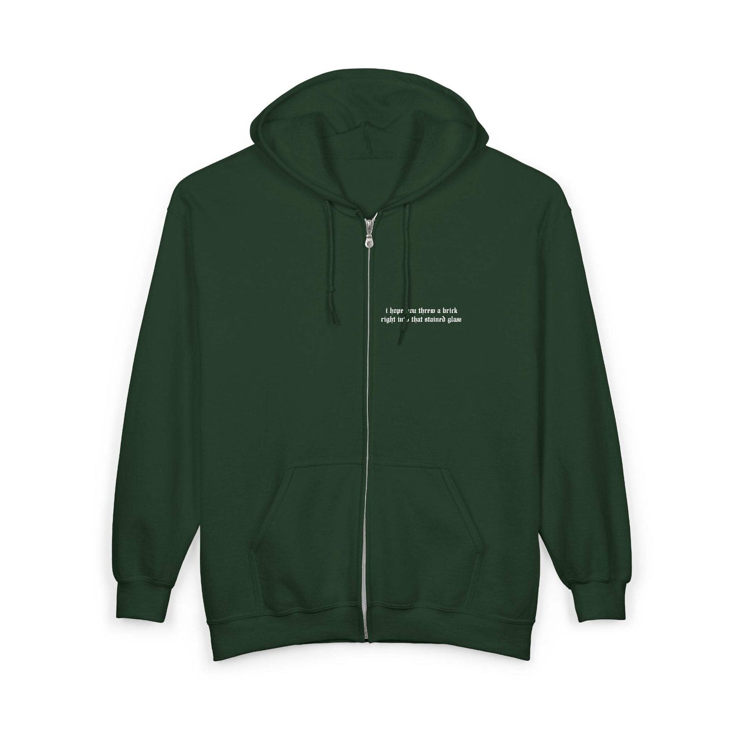 The Great Divide embroidered zip up hoodie mockup front view in forest green - Noah Kahan 2026 tour outfit 