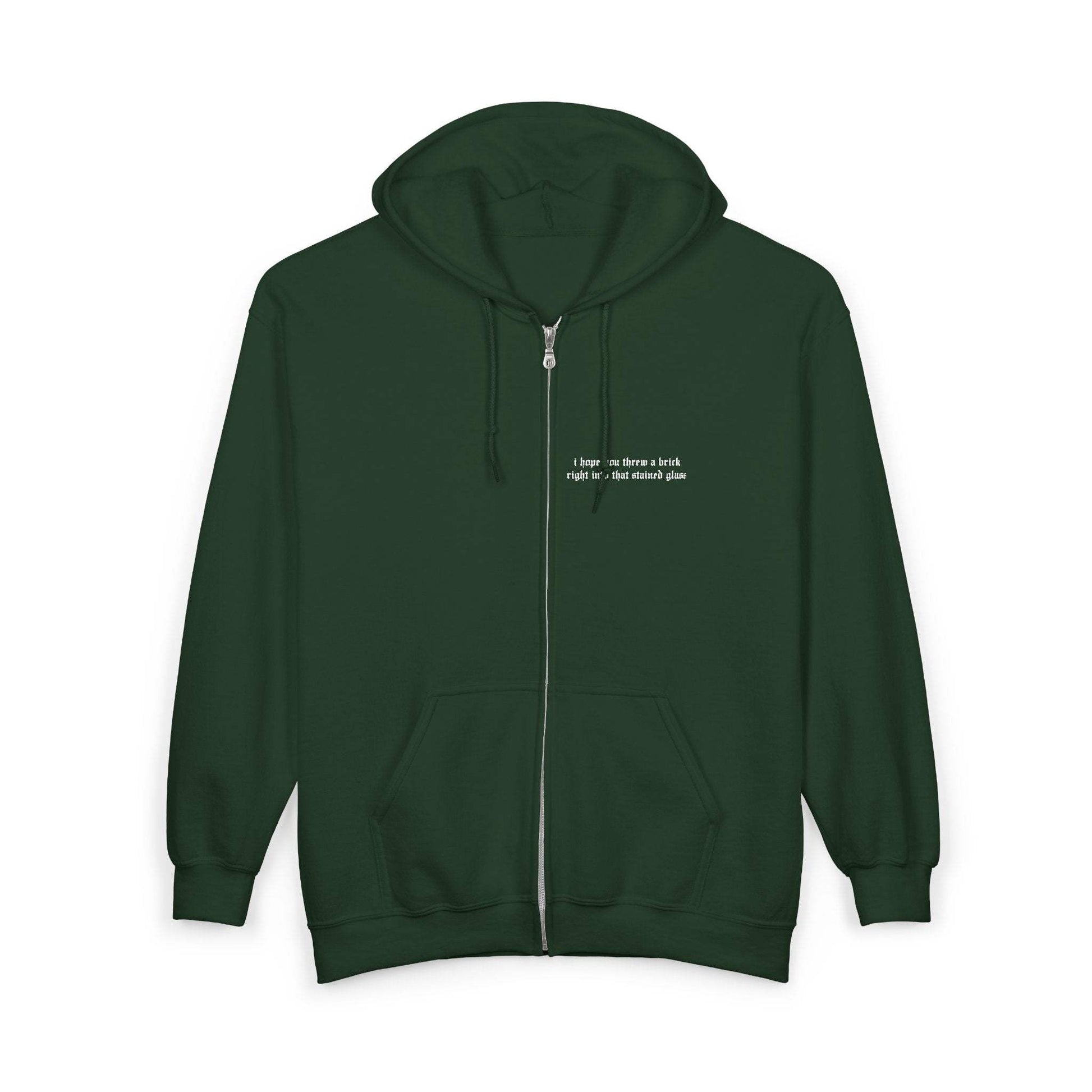 The Great Divide embroidered zip up hoodie mockup front view in forest green - Noah Kahan 2026 tour outfit 
