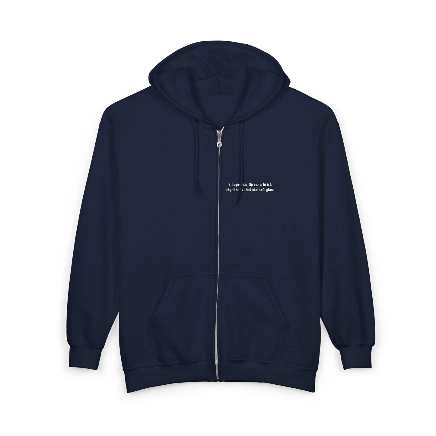 The Great Divide embroidered zip up hoodie mockup front view in navy - Noah Kahan 2026 tour outfit 