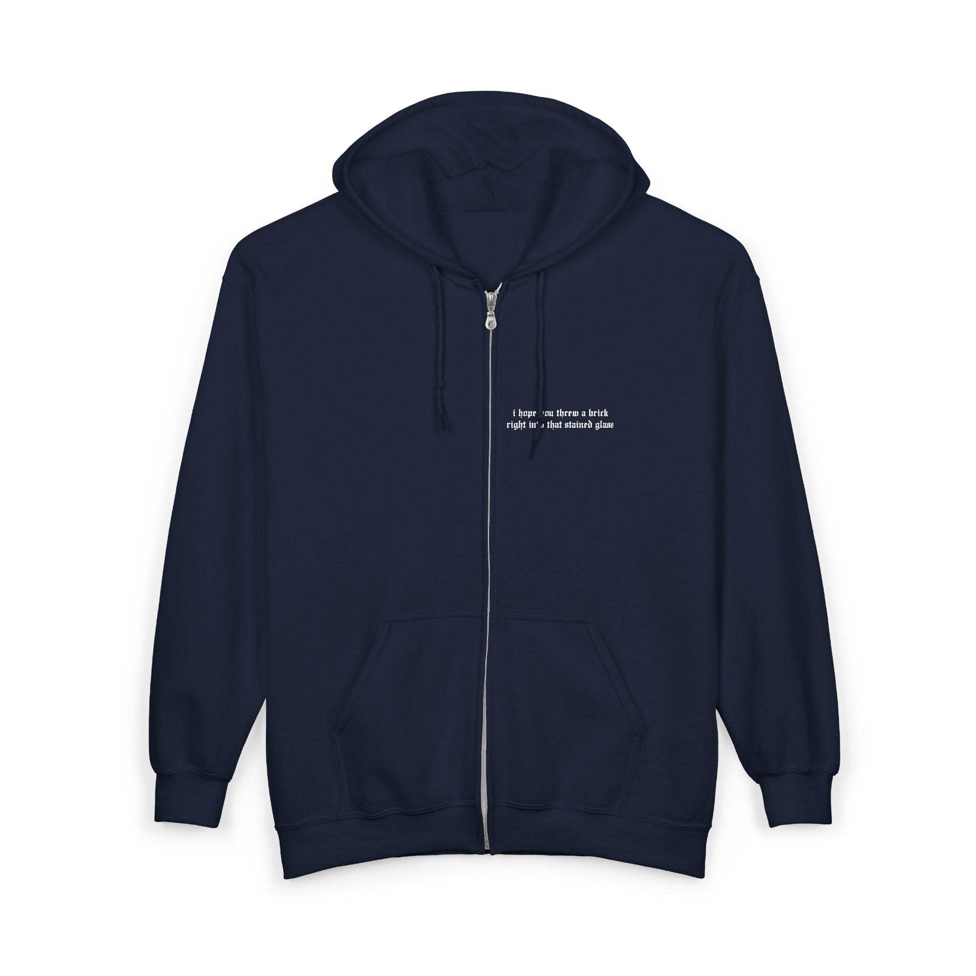 The Great Divide embroidered zip up hoodie mockup front view in navy - Noah Kahan 2026 tour outfit 