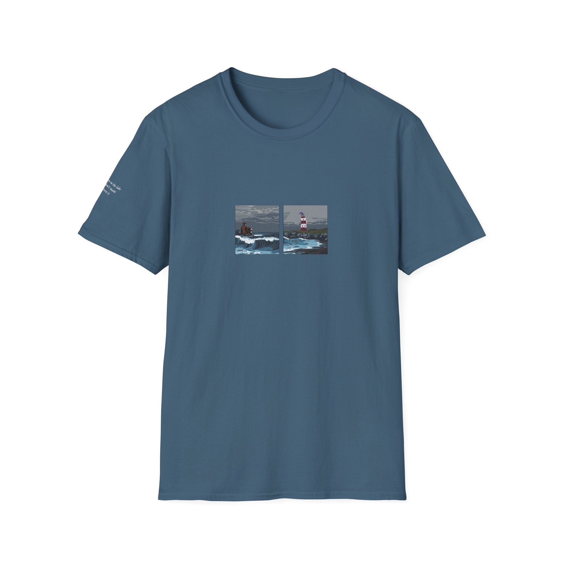 The Ghost on The Shore embroidered t shirt mockup in airforce blue - Lord Huron inspired design