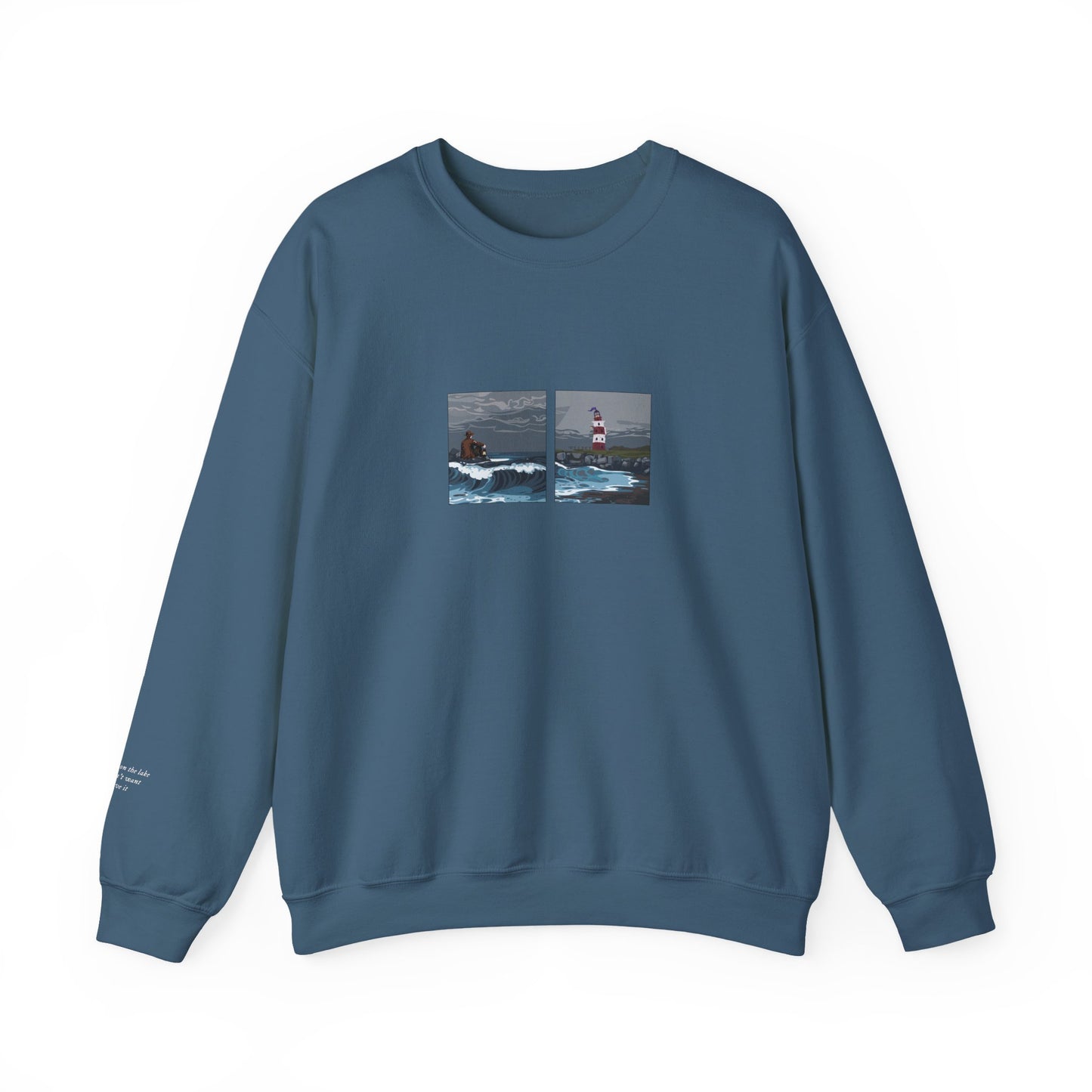 The Ghost on The Shore embroidered sweatshirt mockup in airforce blue - Lord Huron inspired design