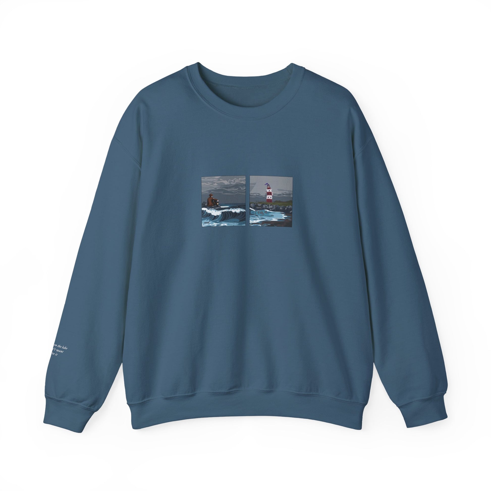 The Ghost on The Shore embroidered sweatshirt mockup in airforce blue - Lord Huron inspired design