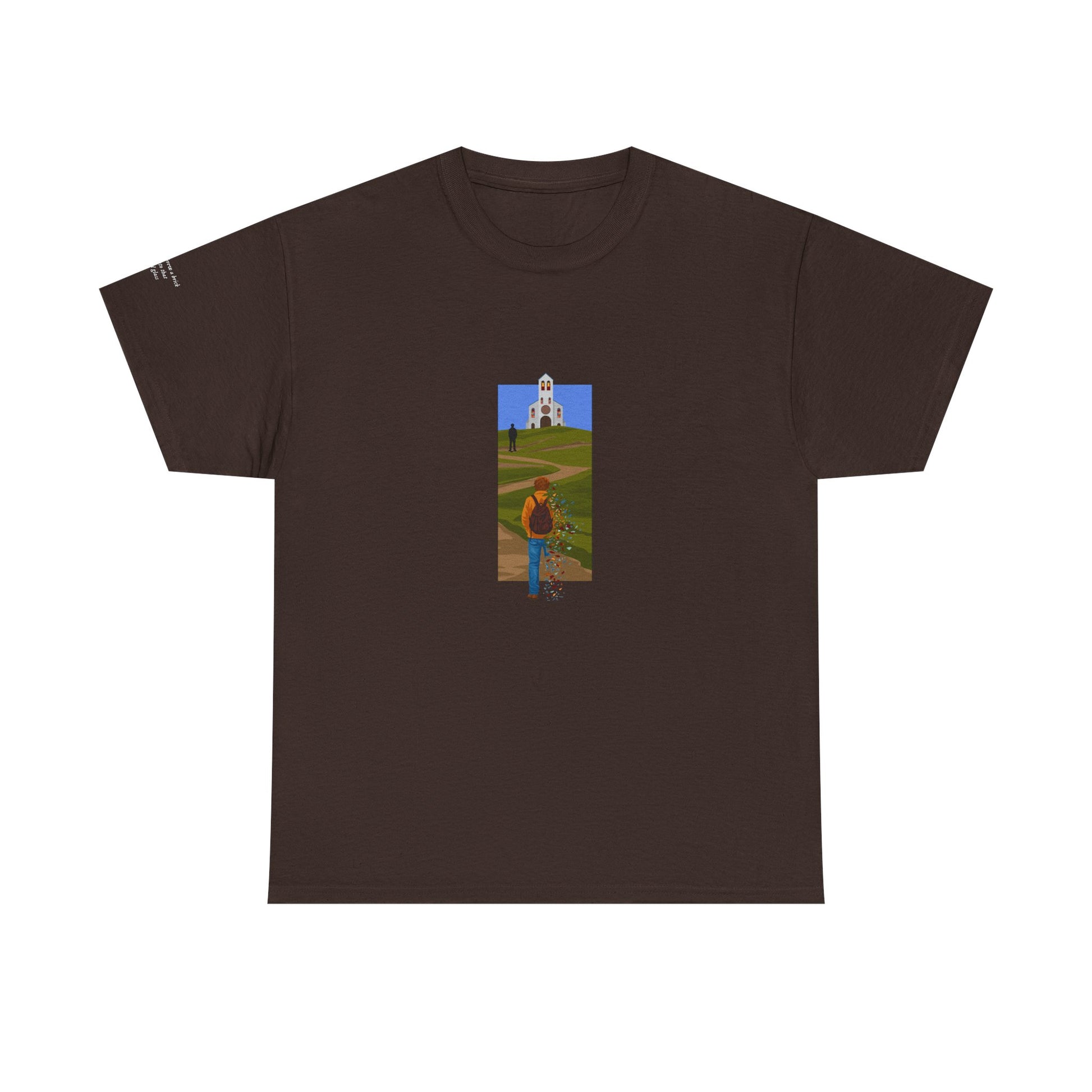 Mockup of The Great Divide stained glass design t-shirt in brown - noah kahan concert outfit 