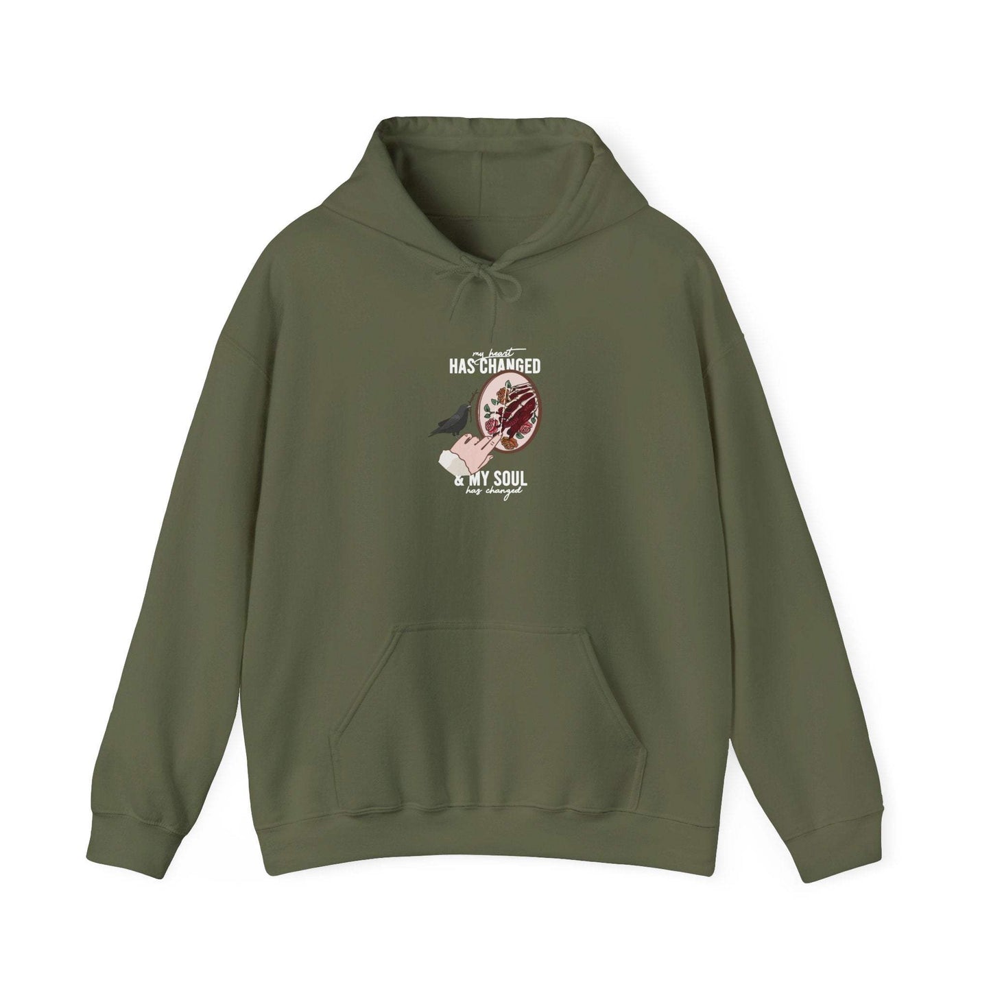Mockup of a Noah Kahan Heart and Soul embroidered hoodie in olive green - my heart has changed and my soul has changed 