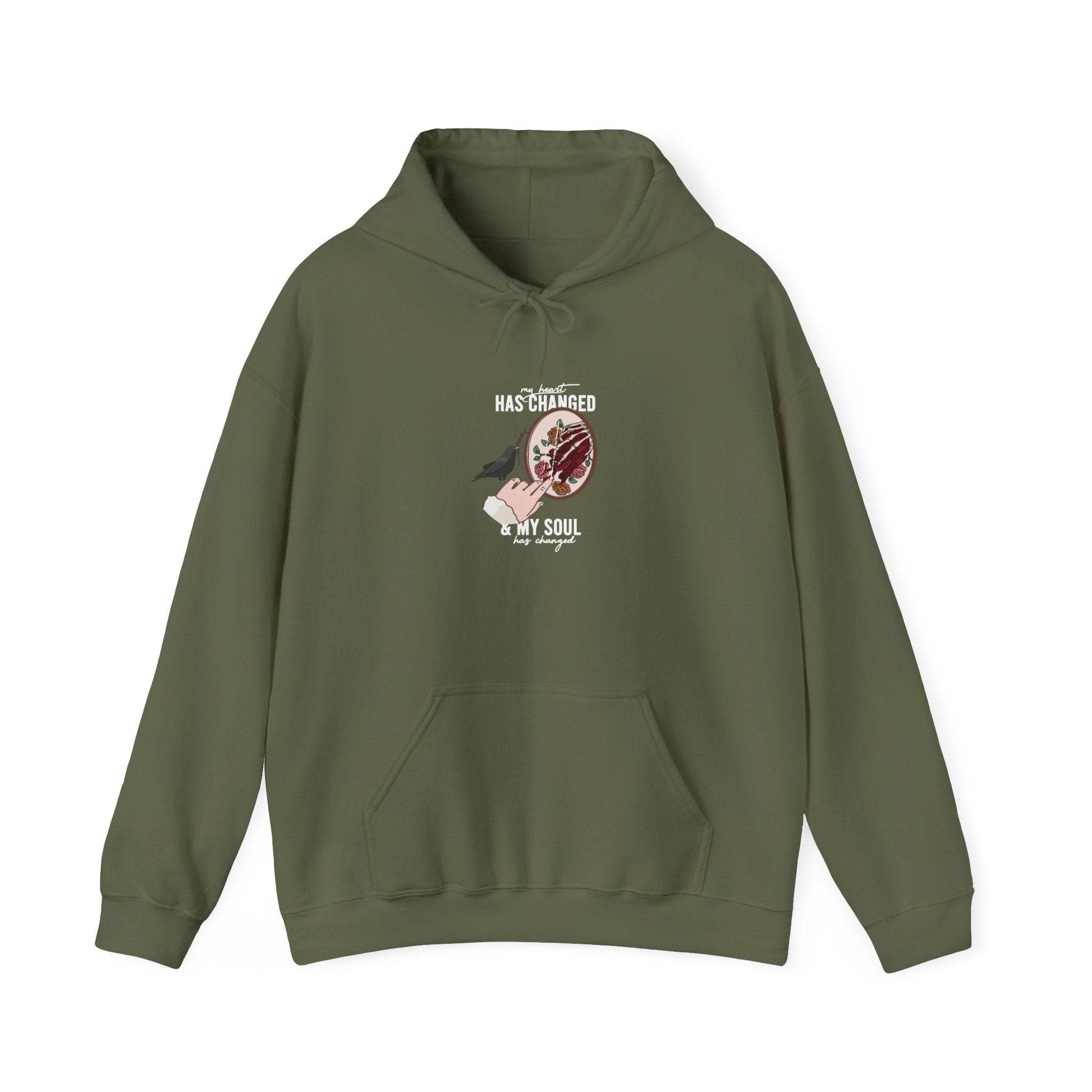 Mockup of a Noah Kahan Heart and Soul embroidered hoodie in olive green - my heart has changed and my soul has changed 