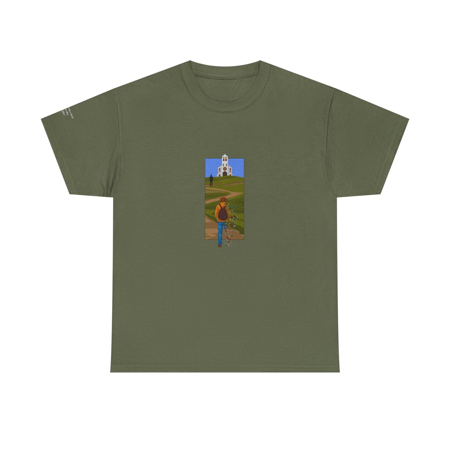 Mockup of The Great Divide stained glass design t-shirt in olive - noah kahan concert outfit 