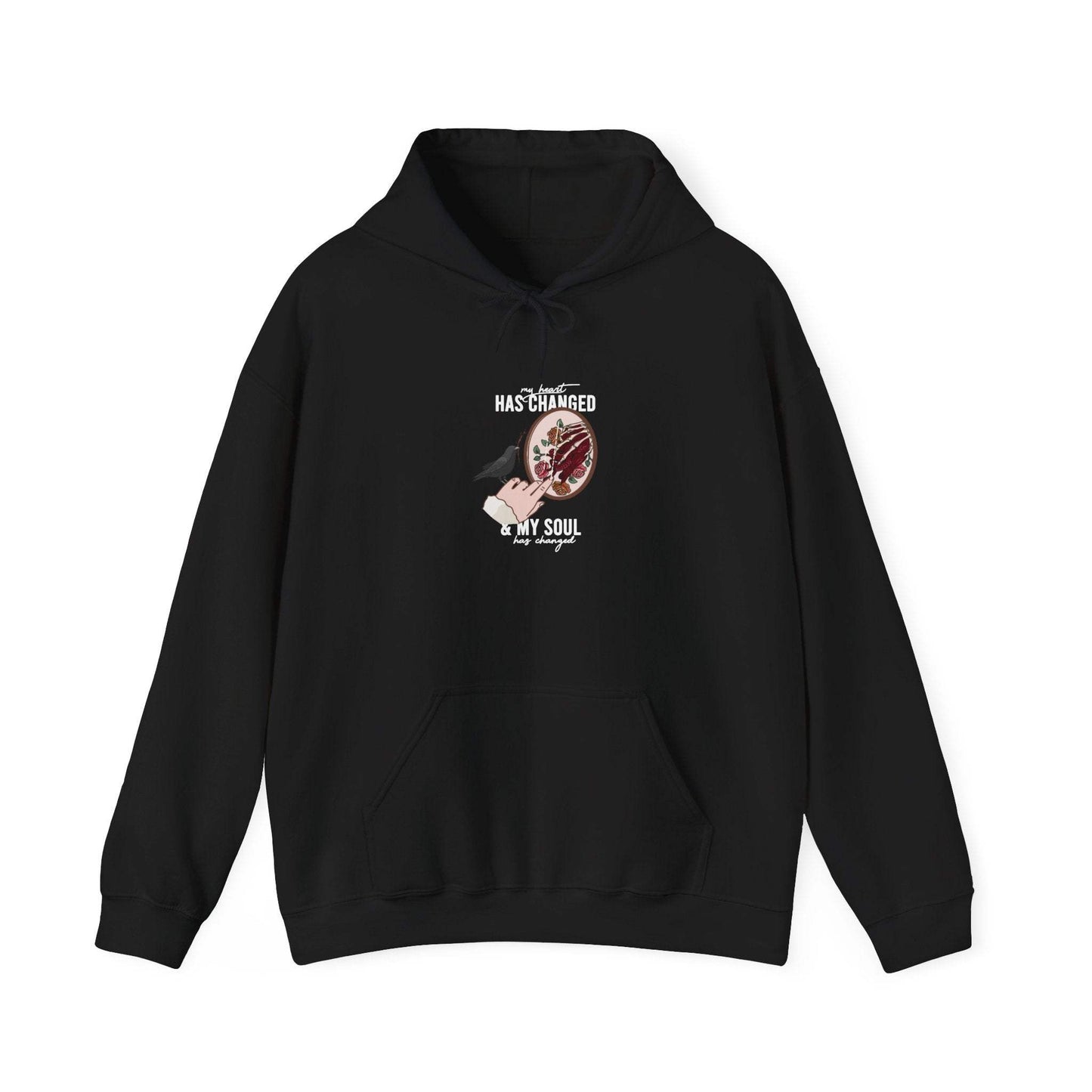 Mockup of a Noah Kahan Heart and Soul embroidered hoodie in black - my heart has changed and my soul has changed 