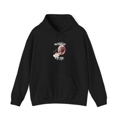 Mockup of a Noah Kahan Heart and Soul embroidered hoodie in black - my heart has changed and my soul has changed 