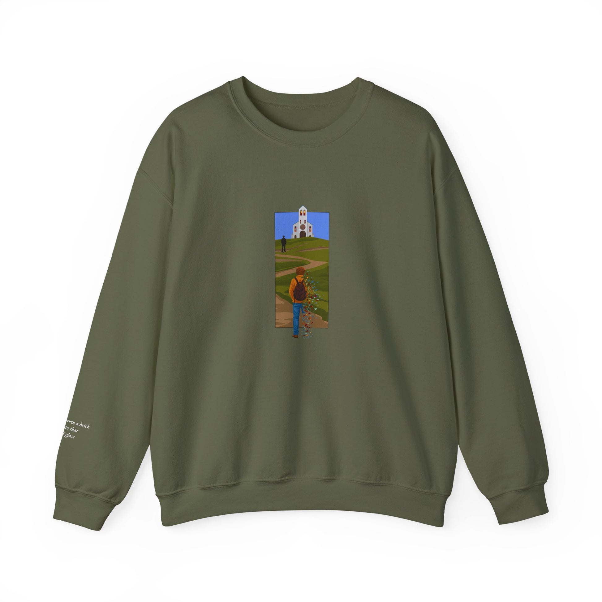Mockup of The Great Divide stained glass design sweatshirt in olive - noah kahan concert outfit 