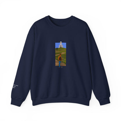 Mockup of The Great Divide stained glass design sweatshirt in navy - noah kahan concert outfit 