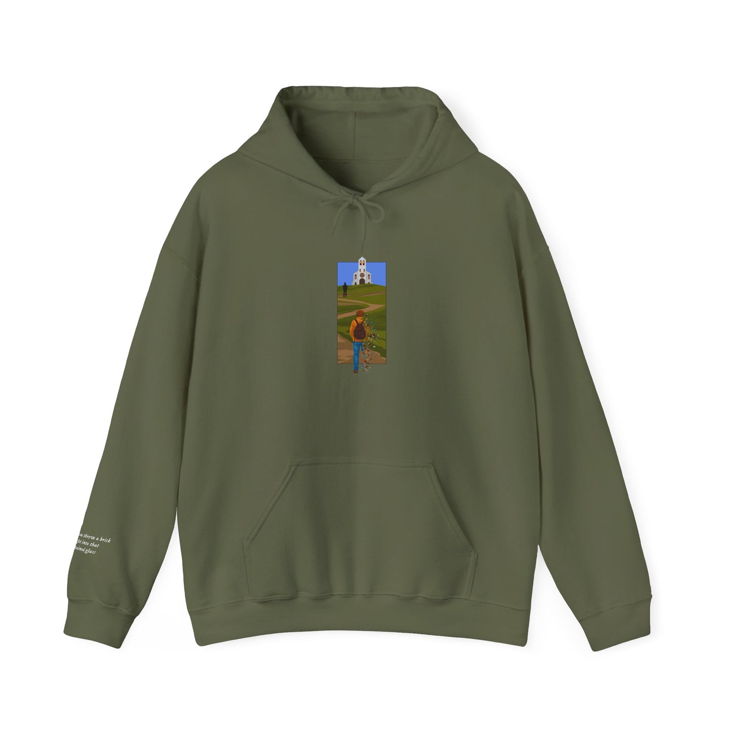 Mockup of The Great Divide stained glass design hoodie in olive - noah kahan concert outfit 