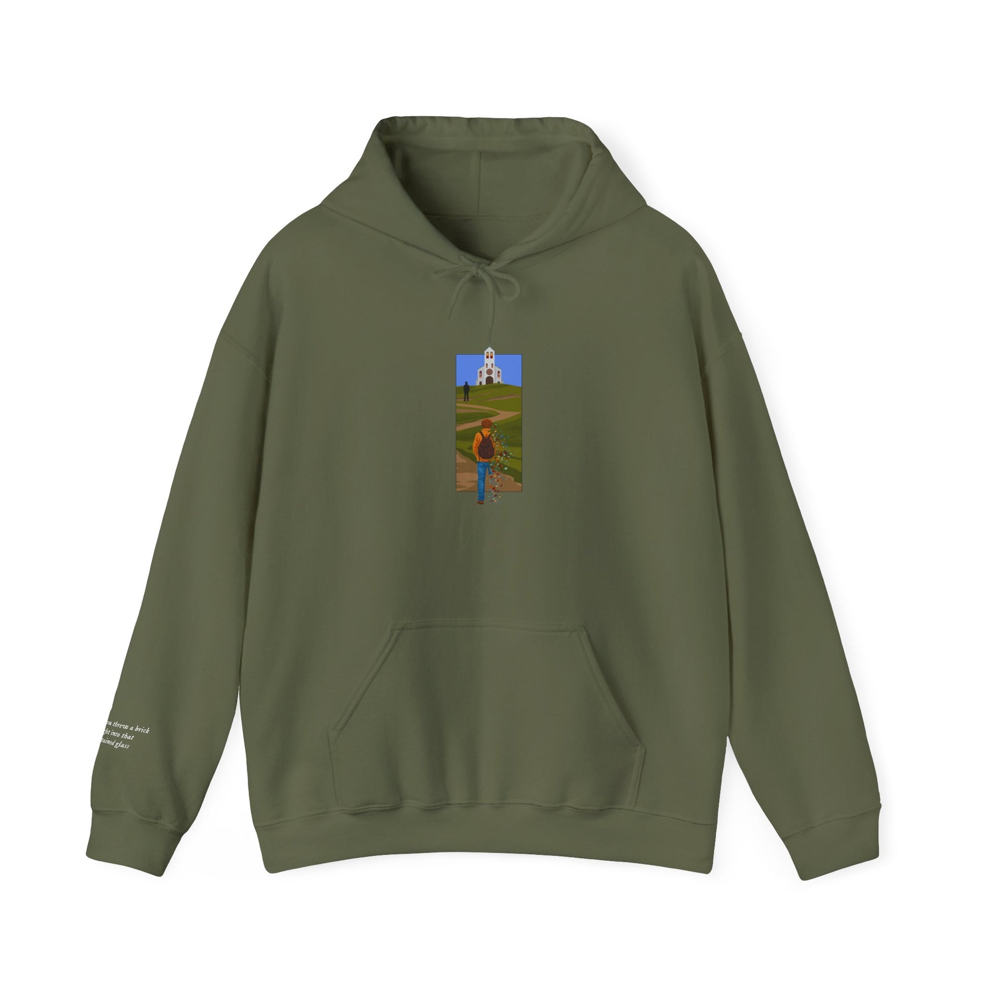 Mockup of The Great Divide stained glass design hoodie in olive - noah kahan concert outfit 