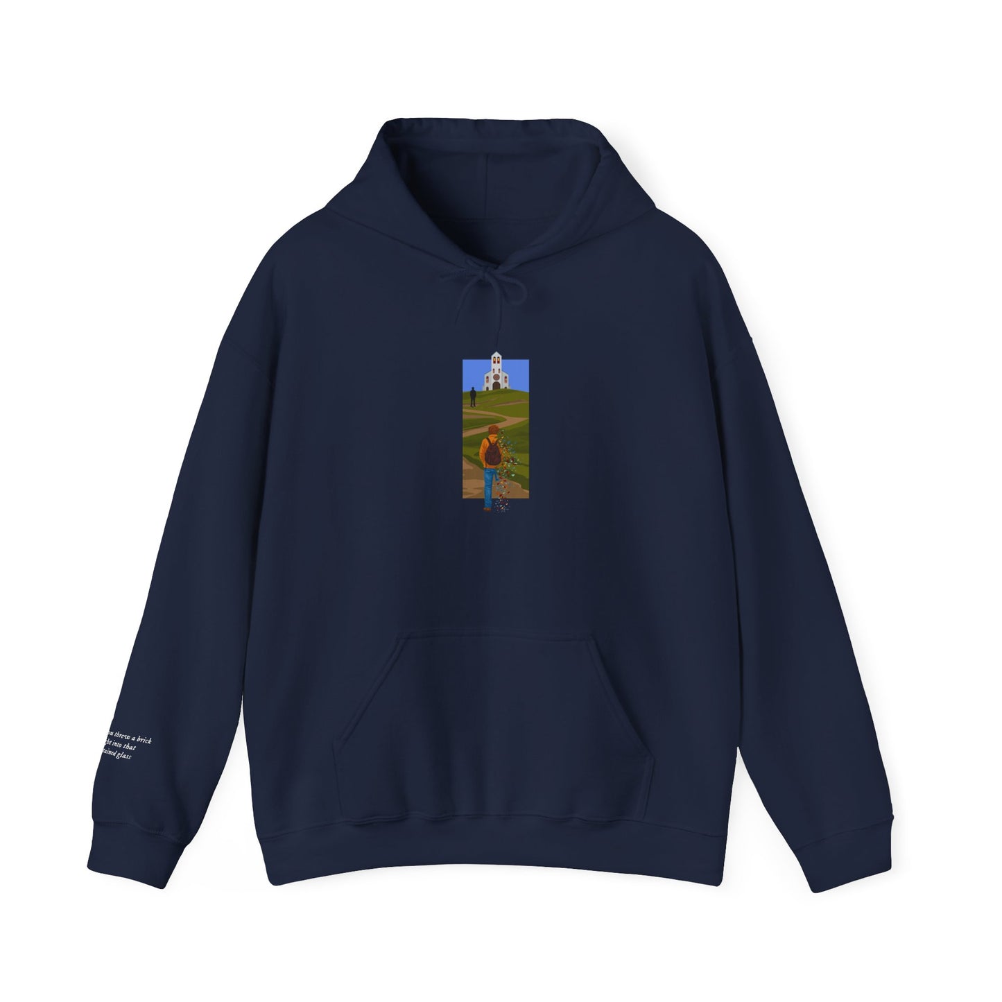Mockup of The Great Divide stained glass design hoodie in navy - noah kahan concert outfit 