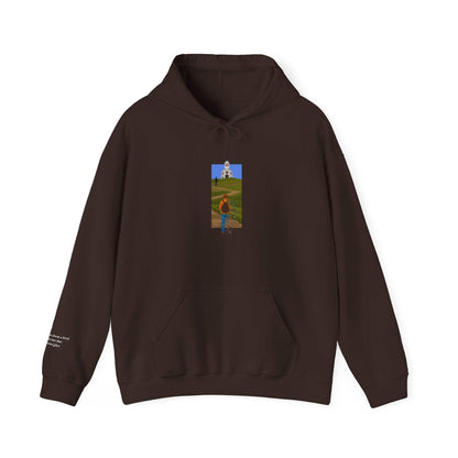 Mockup of The Great Divide stained glass design hoodie in brown - noah kahan concert outfit 
