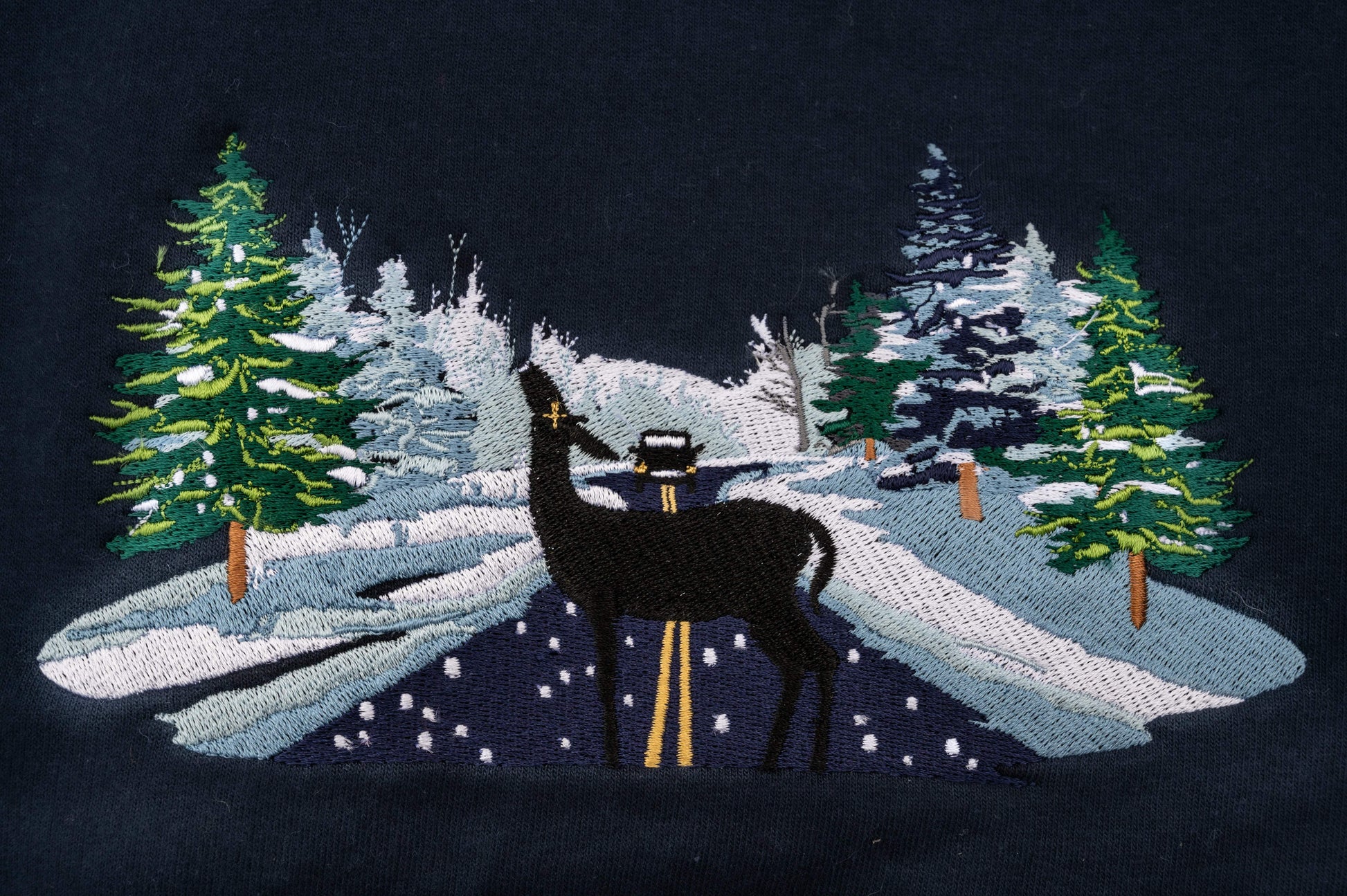 Close up embroidery detail abstract psychopomp design - deer and car - Hozier Unreal Unearth inspired