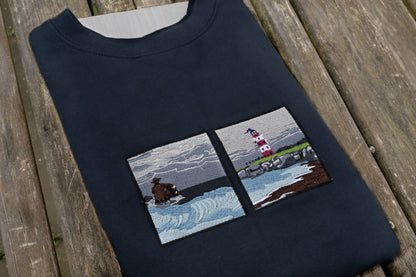 Flat lay of the navy the ghost on the shore crewneck - embroidery size reference - the ghost on the shore 